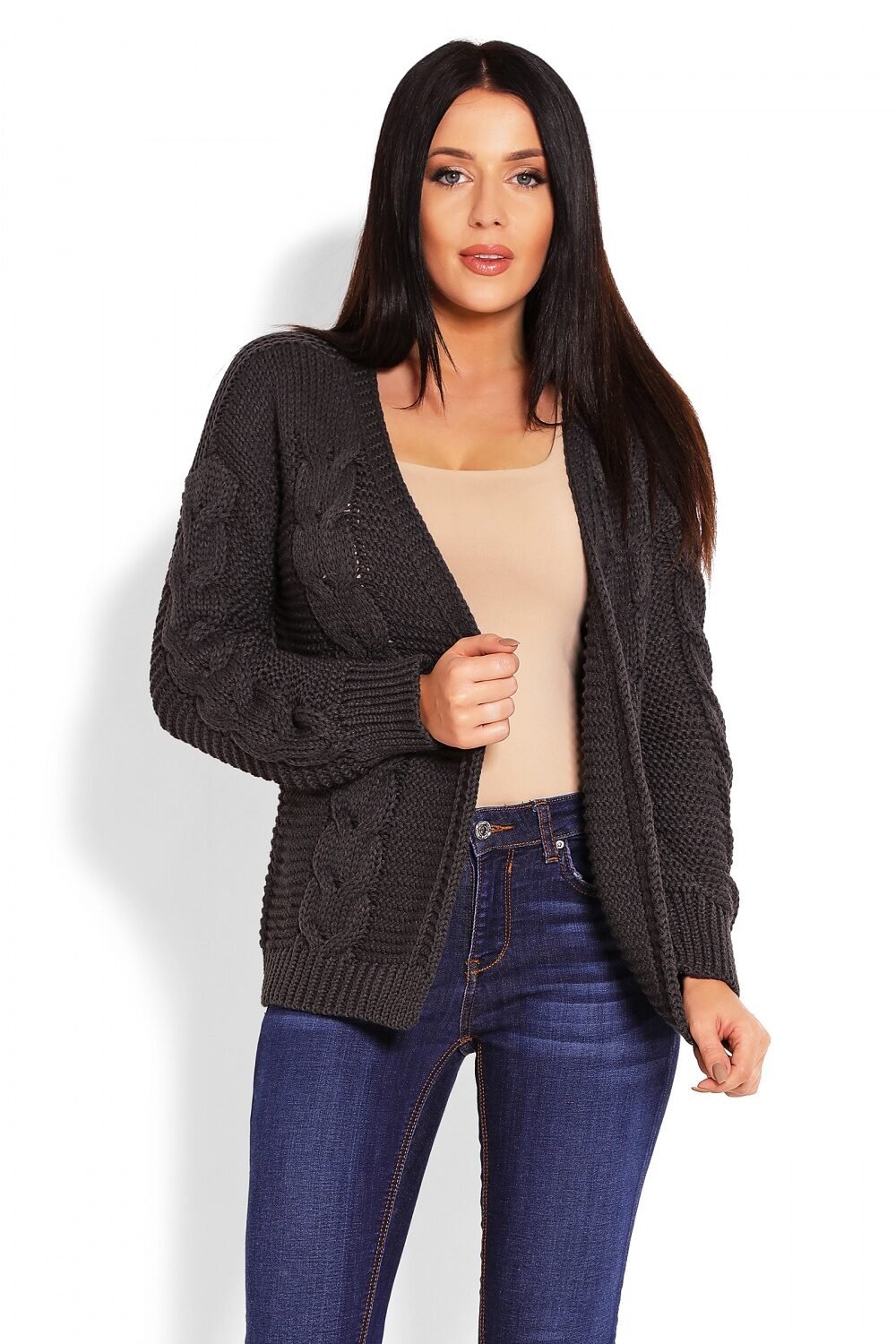 Dark Grey Cable Knit Casual Cardigan