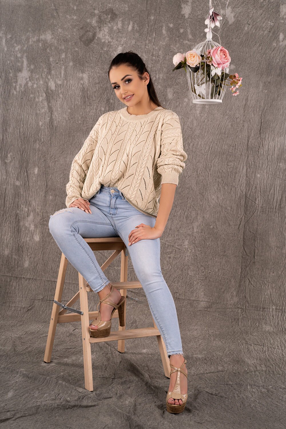 Beige Knit Pointelle O-Neck Pullover