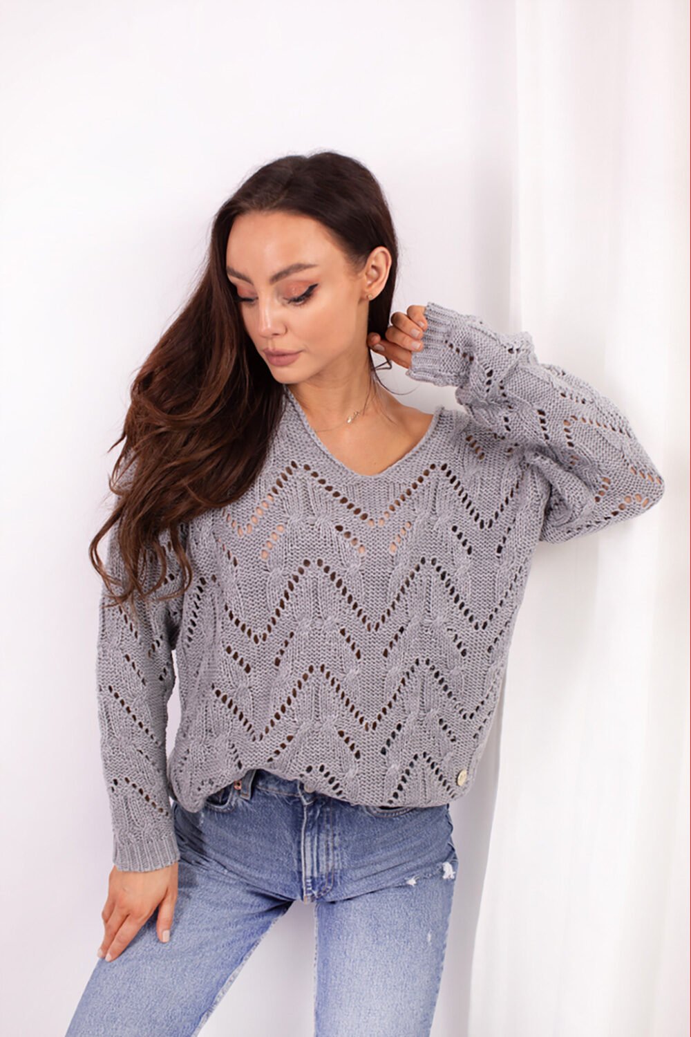Grey Chunky Crochet Jumper with V-Neck
