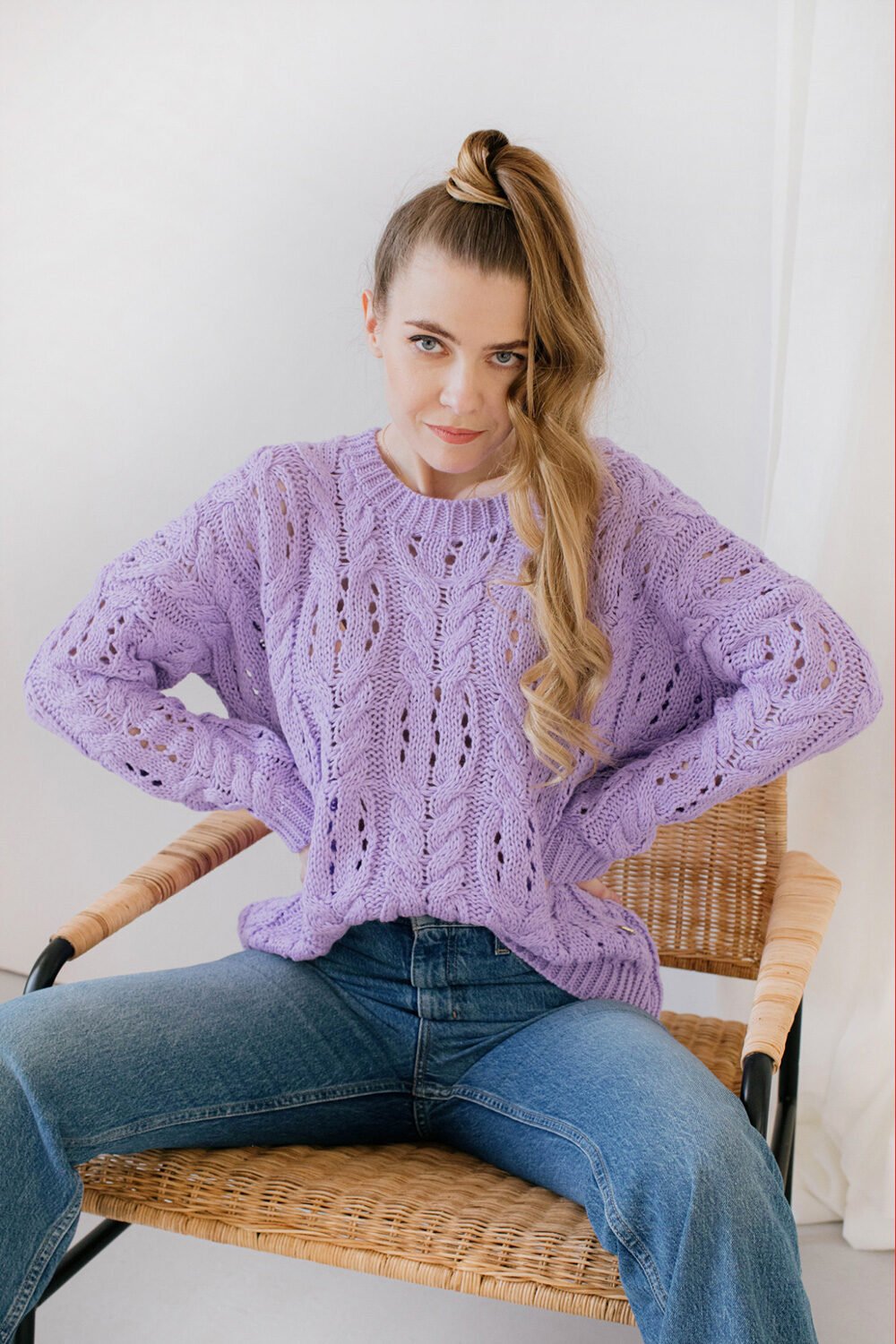 Purple Knit Pointelle O-Neck Pullover