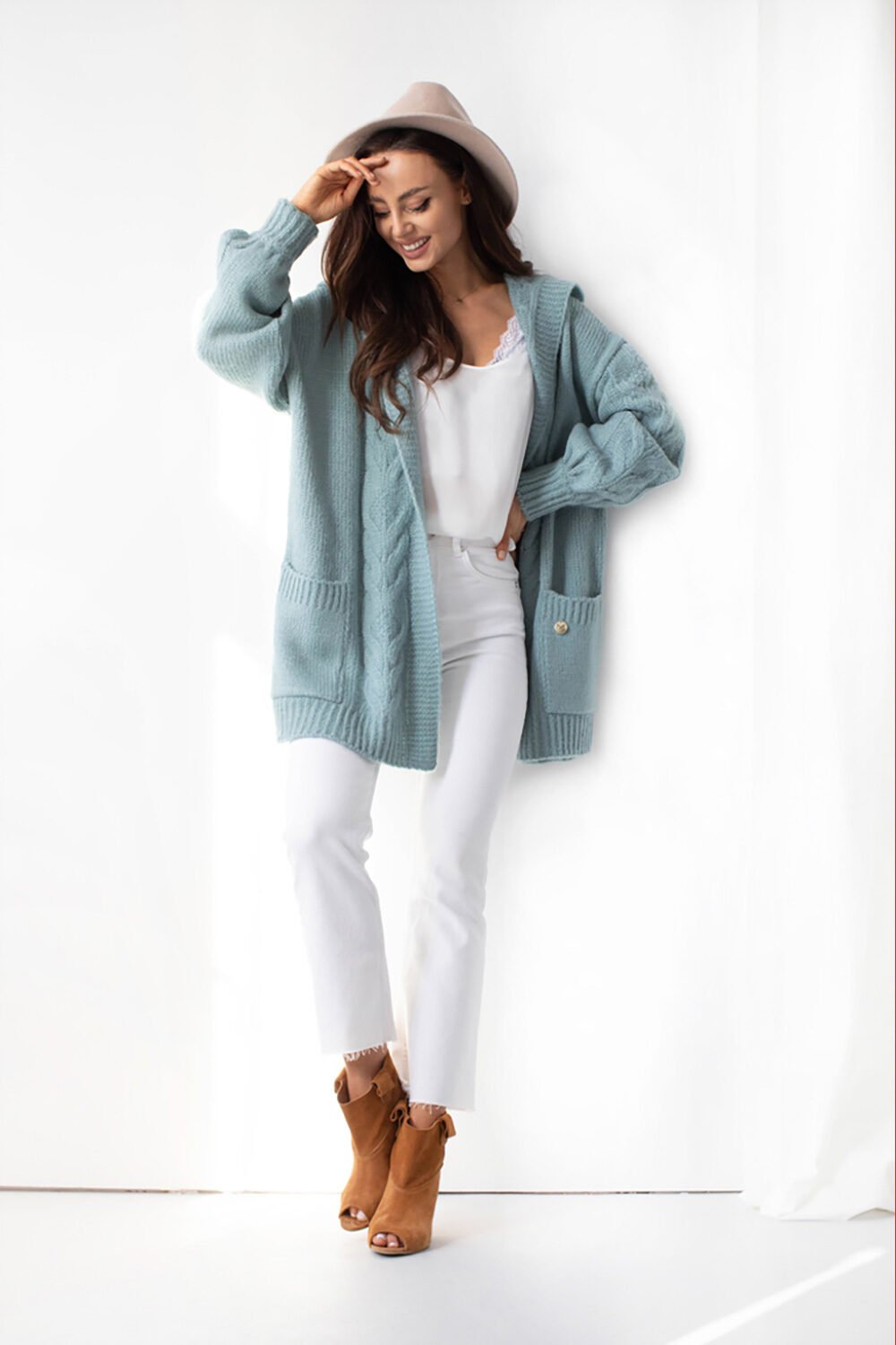 Chunky Cable Knit Cardigan Turquoise