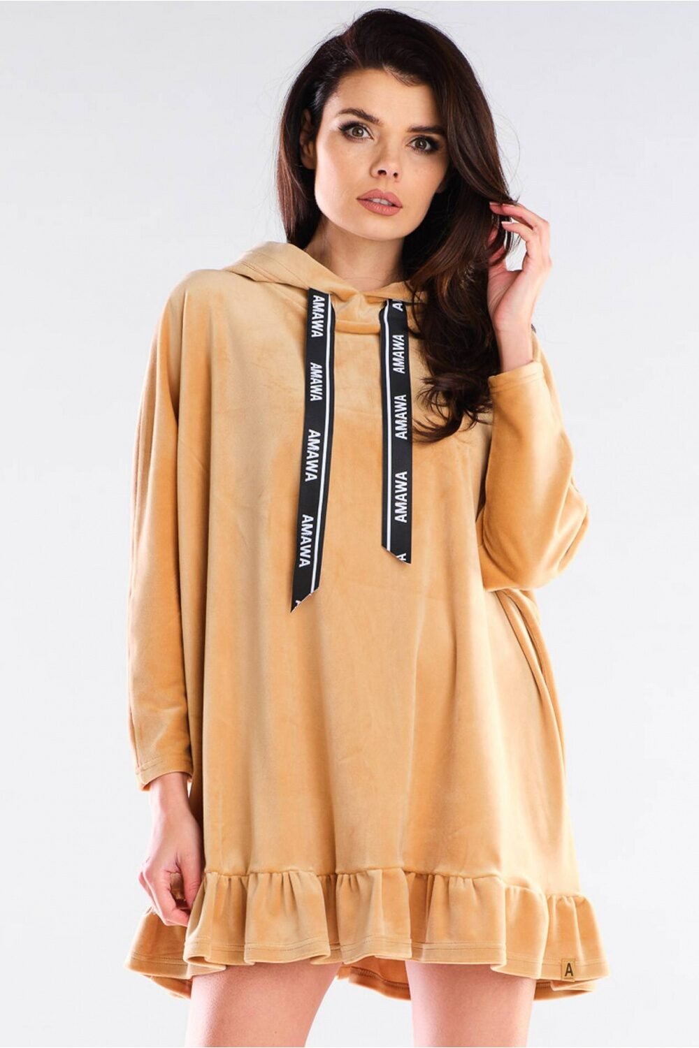 Oversized Midi Ruffle Hoodie Dress in Beige