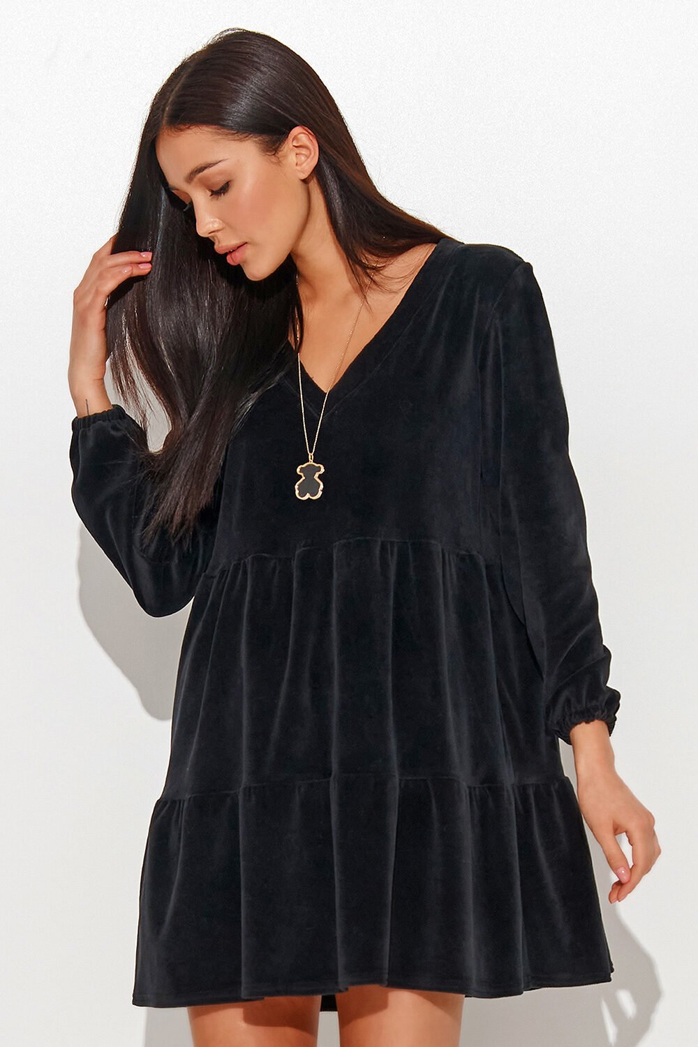 Ruffle Velvet Sweatshirt Dress in Black
