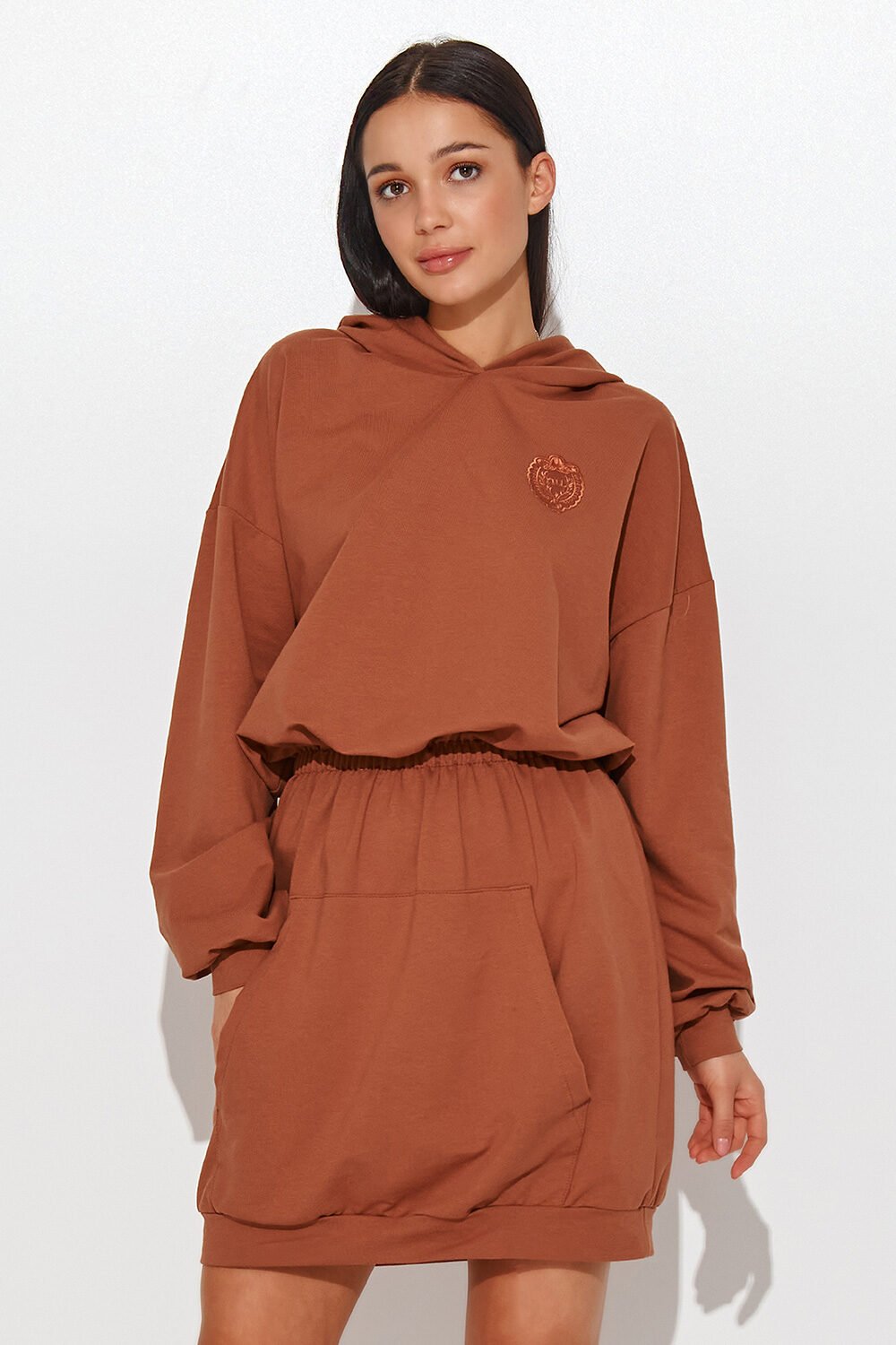 Brown Oversized Hoodie Dress with Elastic Waist