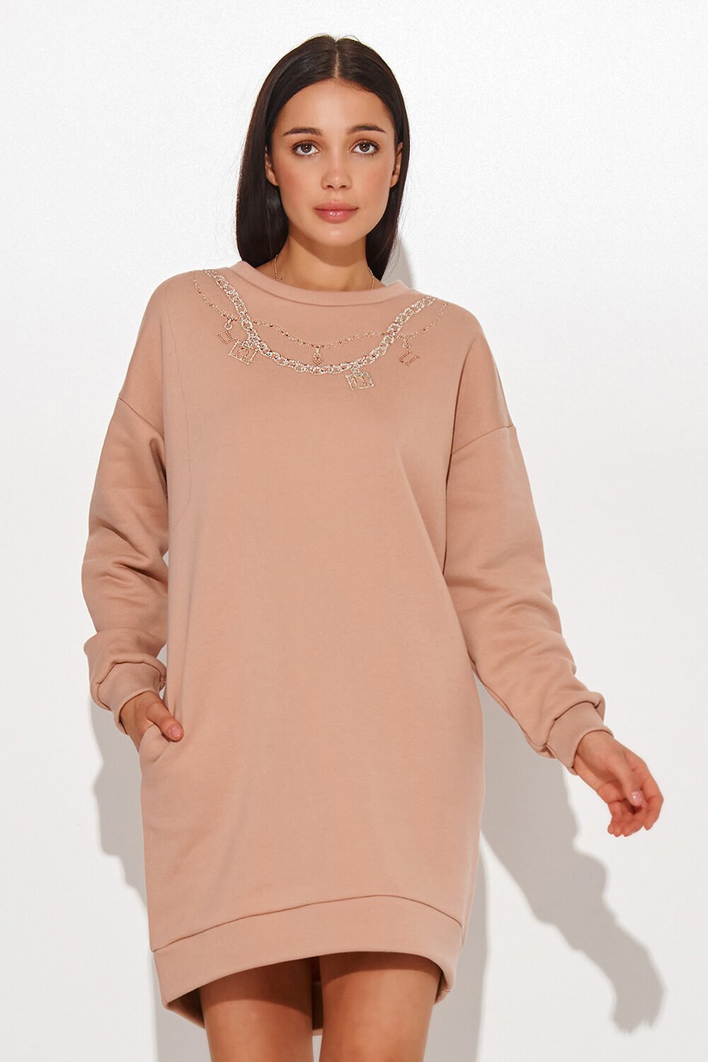 Beige Oversized Sweatshirt Dress with Pockets