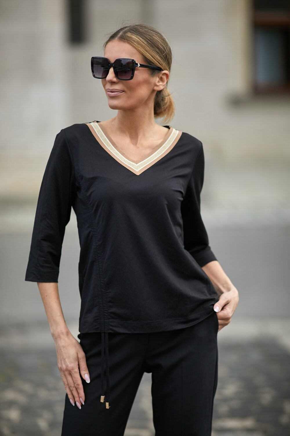 3/4 Sleeves Black Blouse with Design