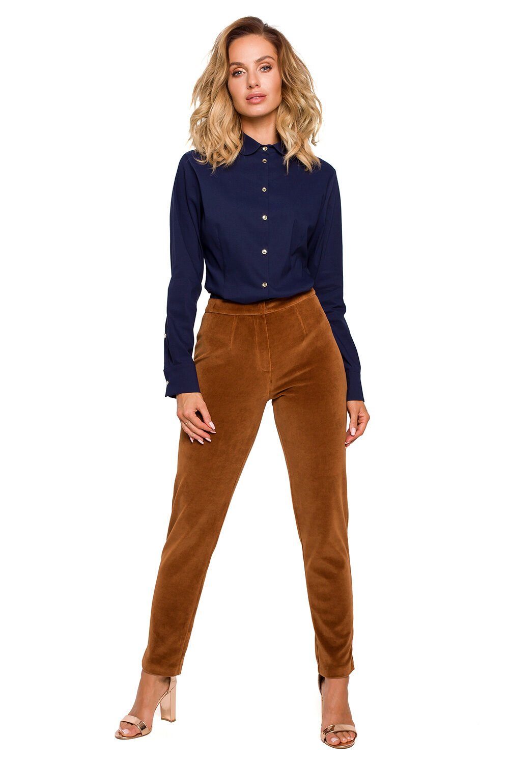 Brown Casual Velvet Trousers with Buttons