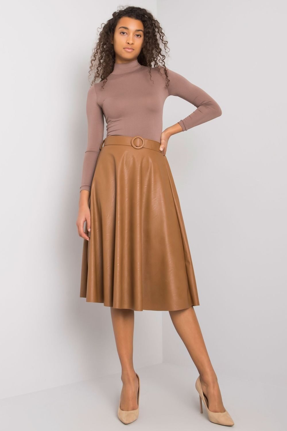 High Waisted Belted Leather Midi Skirt in Brown
