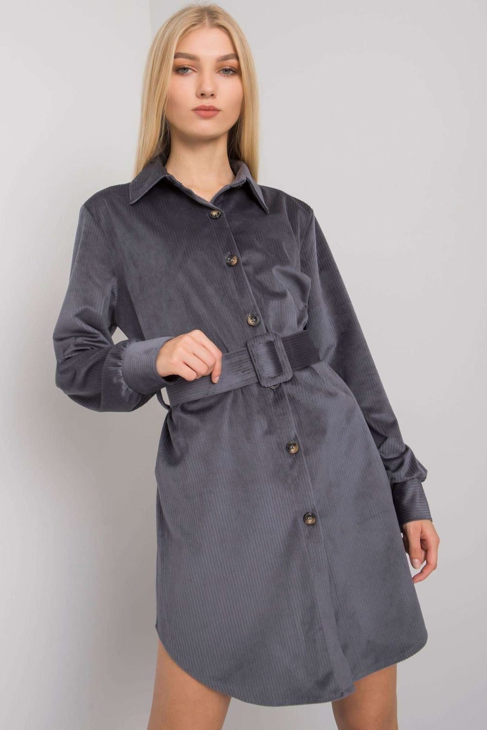 Belted Grey Blazer Dress with Buttons