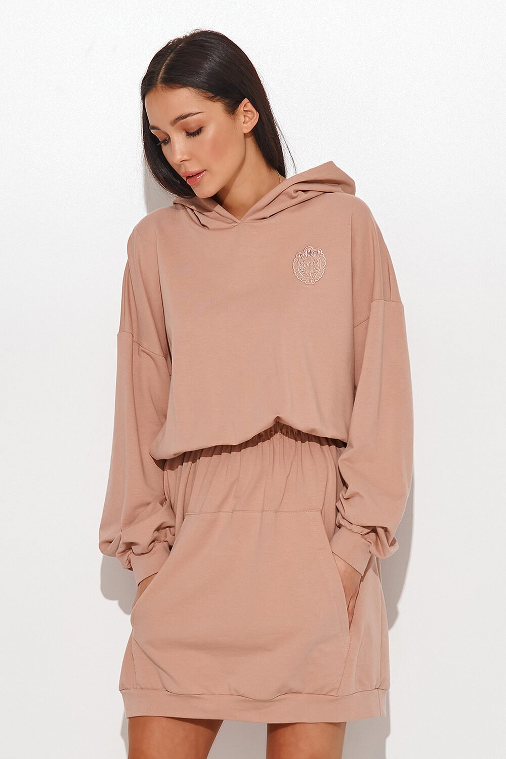 Beige Oversized Hoodie Dress with Elastic Waist
